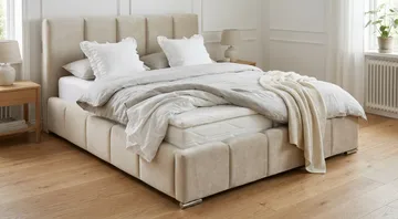 Cleaton Bubblig Sängram 180x200 cm med Förvaring HVILA Skummadrass och Bäddmadrass i Latex med Tvättbar klädsel - Beige/Vit - Products - Möbler - Säng - Komplett sängpaket