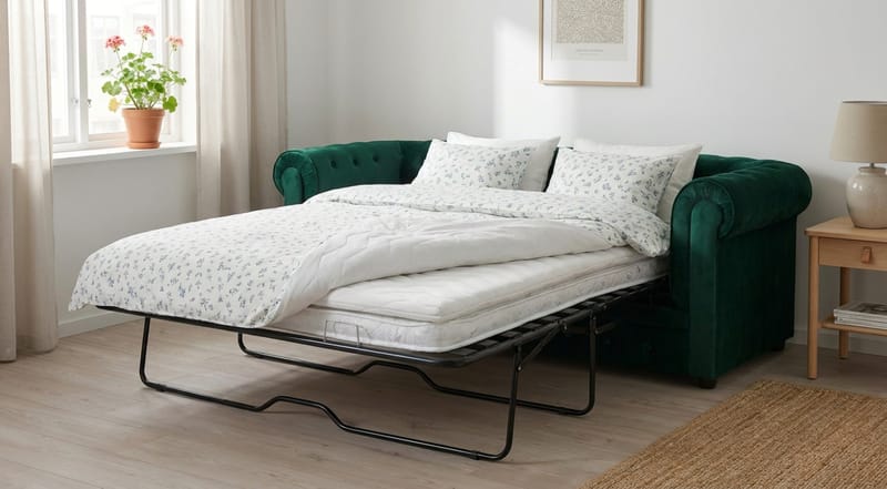 Chesterfield Lyx 3-sits Framåtbäddad Bäddsoffa med HVILA Bäddmadrass 140x200 cm Memoryskum med Tvättbar klädsel - Grön/Vit - Products - Möbler - Soffa - Bäddsoffa - 3 sits bäddsoffa