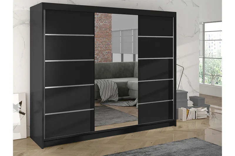 Cyria Garderob med rymlig Förvaring och Skjutdörrar med Spegel 200x215 cm - Svart - Products - Förvaring - Garderober & garderobssystem