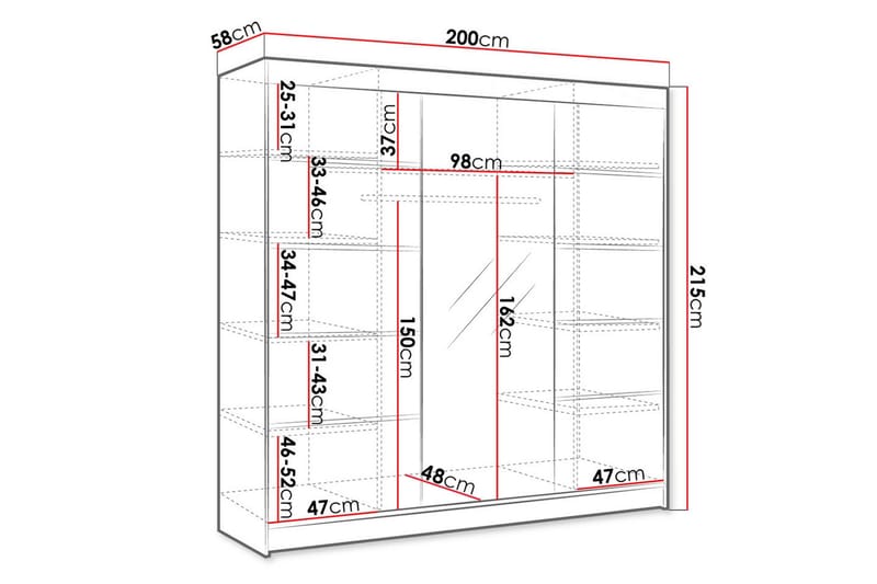 Cyria Garderob med rymlig Förvaring och Skjutdörrar med Spegel 200x215 cm - Vit/Svart - Products - Förvaring - Garderober & garderobssystem