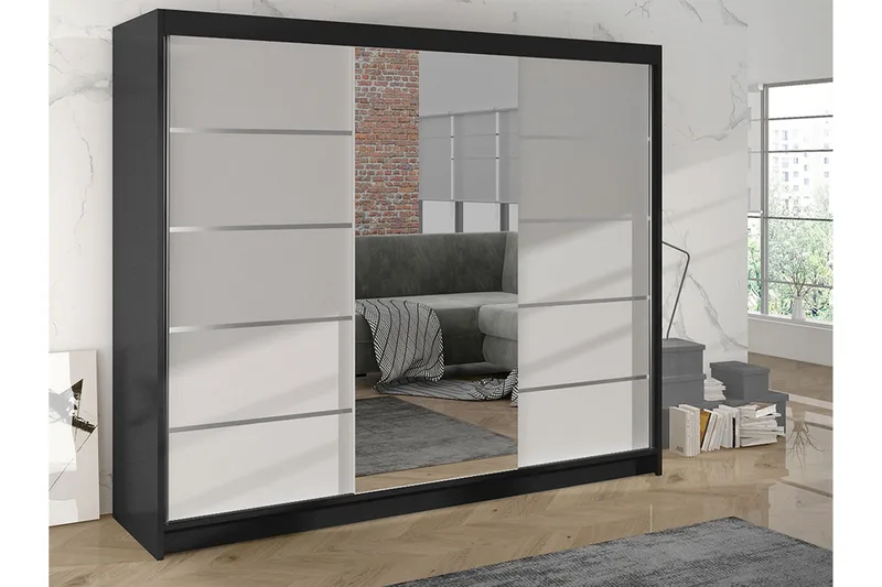 Cyria Garderob med rymlig Förvaring och Skjutdörrar med Spegel 200x215 cm - Vit/Svart - Products - Förvaring - Garderober & garderobssystem
