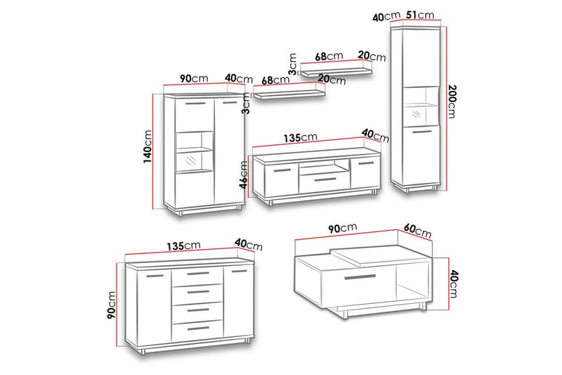 Ines Vardagsrumsset LED-belysning - Ek/Svart - Products - Förvaring - Förvaringsmöbler - Möbelset för vardagsrum