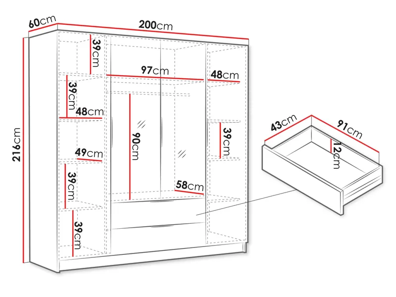 Herrljunga Garderob med Spegel 200x215 cm med lådor - Brun/Guld/Spegel - Products - Förvaring - Garderober & garderobssystem