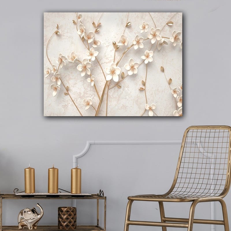 Canvastavla 70x100 cm - Stiliserad blomsterdesign med vita blommor och gyllene detaljer - Vit / Guld - Products - Inredning - Tavlor & posters - Canvastavla