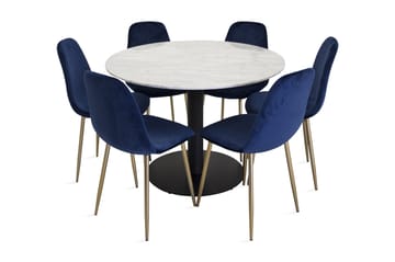 Admira Matgrupp 106 cm Rund Marmor med 6 Valeri Köksstol - Sammet Grå/Svart - Products - Möbler - Bord & matgrupp - Matgrupp