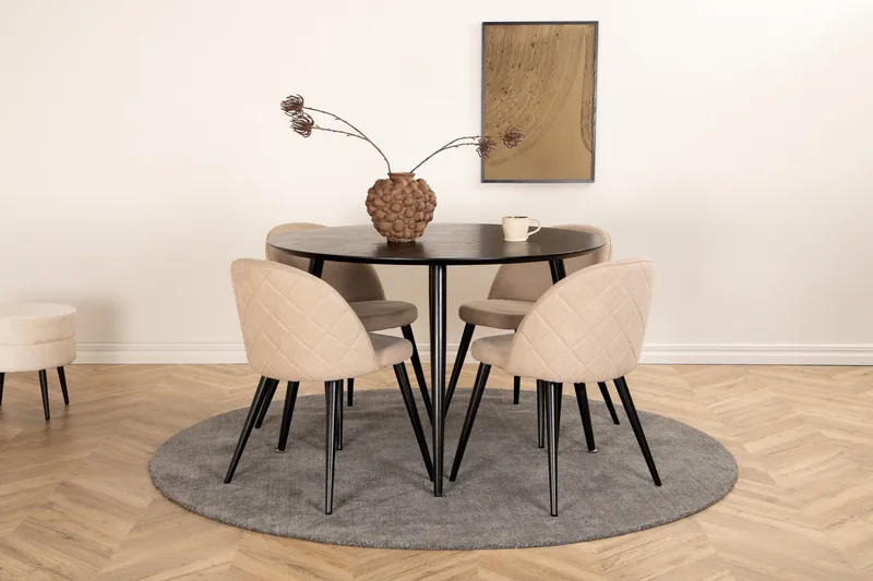 Dipp Matgrupp 115 cm Rund med 4 Velvet stolar, Beige