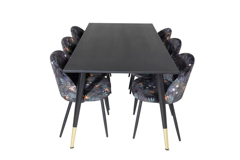 Dipp Matgrupp 180 cm Rektangulär med 6 Velvet stolar, Svart/Guld