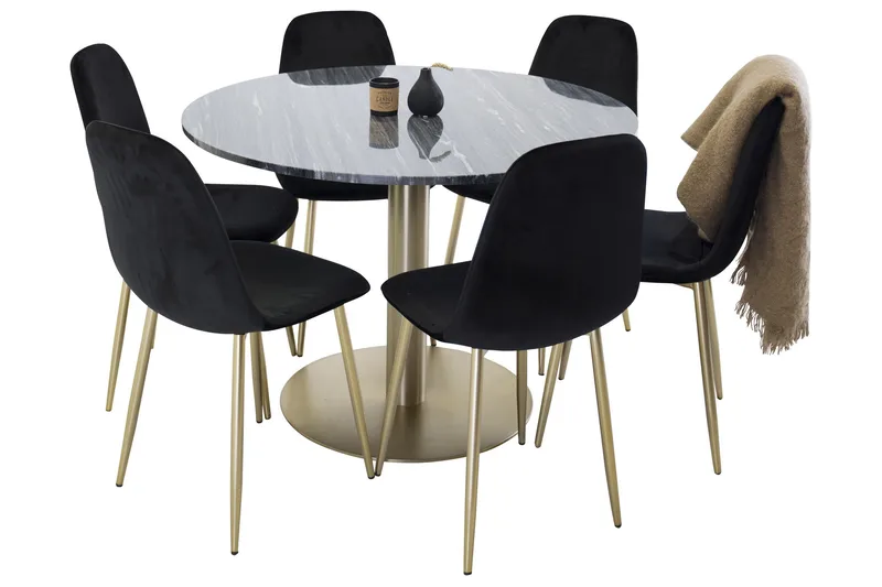 Estelle Matgrupp 106 cm Rund med 6 Polar stolar, Svart/Guld