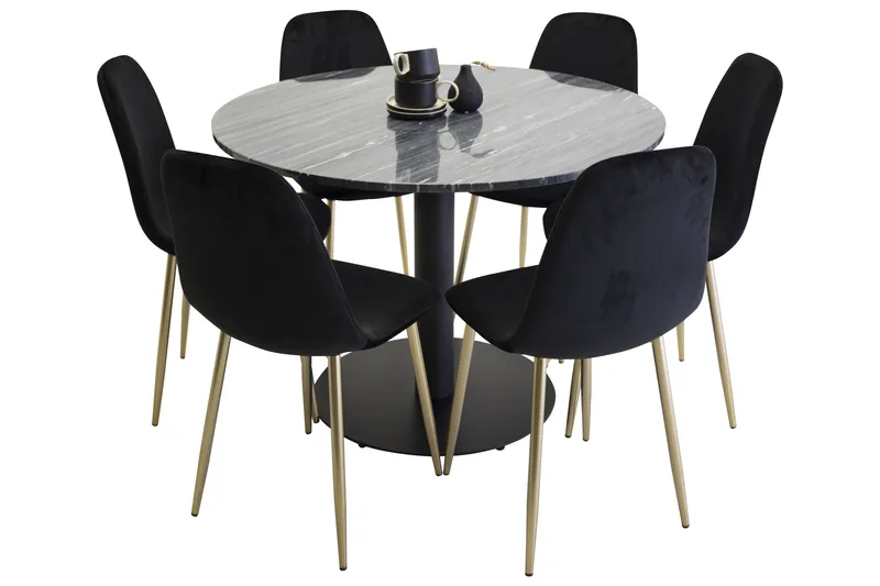 Estelle Matgrupp 106 cm Rund med 6 Polar stolar, Svart/Guld