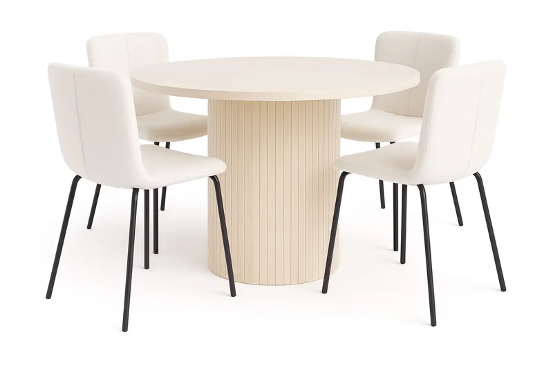 Kopparbo Matbord 106 cm med 4 Katy Matstolar, White / Vit Bouclé / Metallben Svart