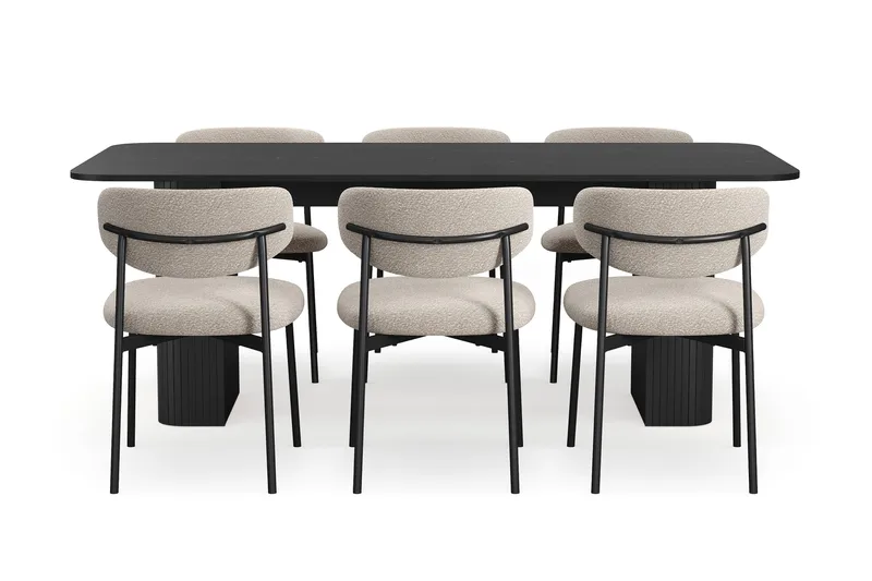 Kopparbo Matbord 200-260 cm Förlängningsbart med 6 Lucy Matstolar - Svart / Greige Bouclé / Metallben Svart - Products - Möbler - Bord & matgrupp - Matgrupp