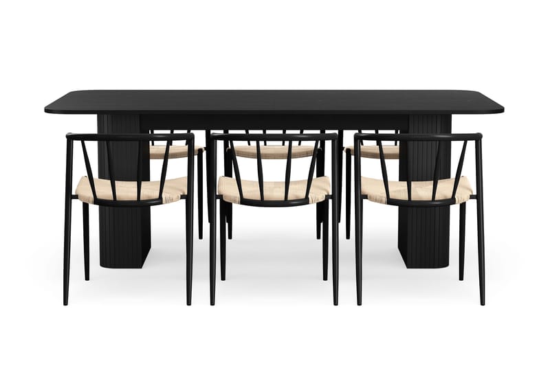 Kopparbo Matbord 200-260 cm Förlängningsbart med 6 Winston Matstolar - Svart / Beige / Metallben Svart - Products - Möbler - Bord & matgrupp - Matgrupp
