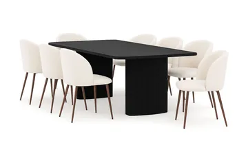 Kopparbo Matbord 200-260 cm Förlängningsbart med 8 Greya Matstolar med armstöd - Svart / Vit Bouclé / Metallben Valnöt - Products - Möbler - Bord & matgrupp - Matgrupp