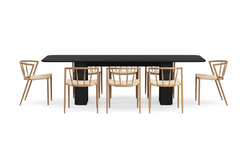 Kopparbo Matbord 200-260 cm Förlängningsbart med 8 Winston Matstolar - Svart / Beige / Metallben Ek - Products - Möbler - Bord & matgrupp - Matgrupp