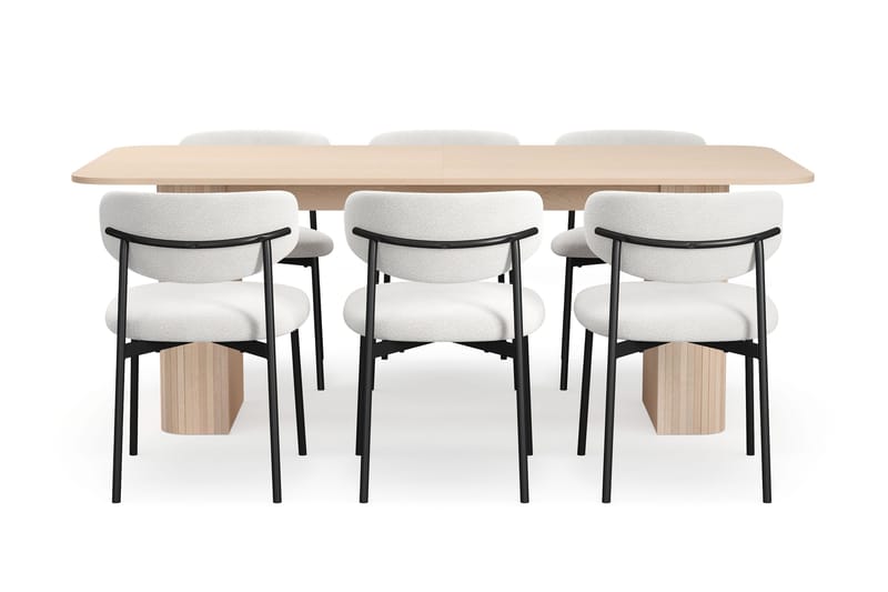 Kopparbo Matbord 200-260 cm Förlängningsbart med illäggsskiv med 6 Lucy Matstolar - Vit / Vit Bouclé / Metallben Svart - Products - Möbler - Bord & matgrupp - Matgrupp
