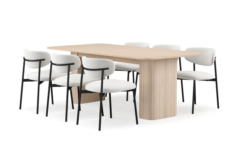 Kopparbo Matbord 200-260 cm Förlängningsbart med illäggsskiv med 6 Lucy Matstolar, Vit / Vit Bouclé / Metallben Svart