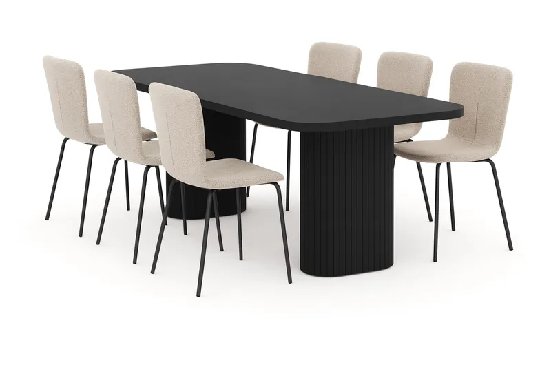 Kopparbo Matbord 200 cm med 4 Katy Matstolar, Svart / Greige Bouclé / Metallben Svart