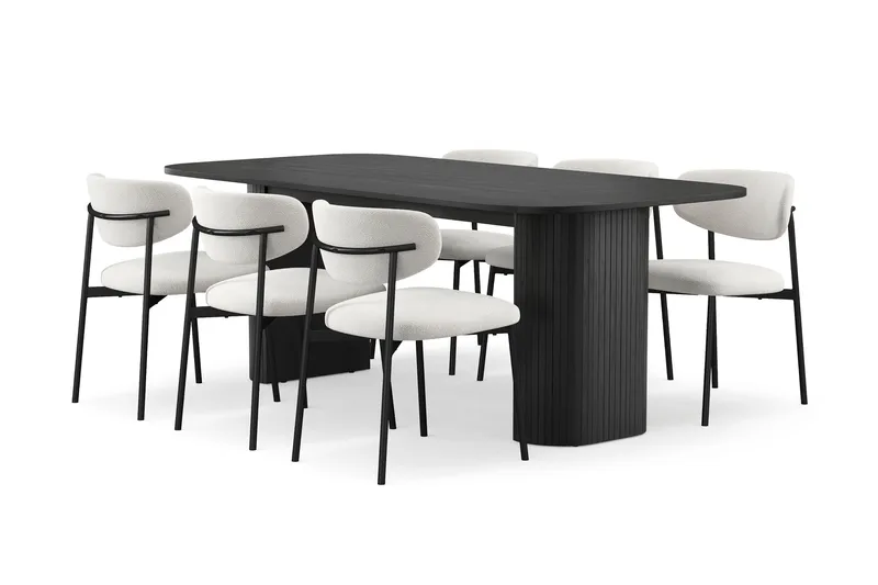 Kopparbo Matbord 200 cm med 6 Lucy Matstolar, Svart / Vit Bouclé / Metallben Svart