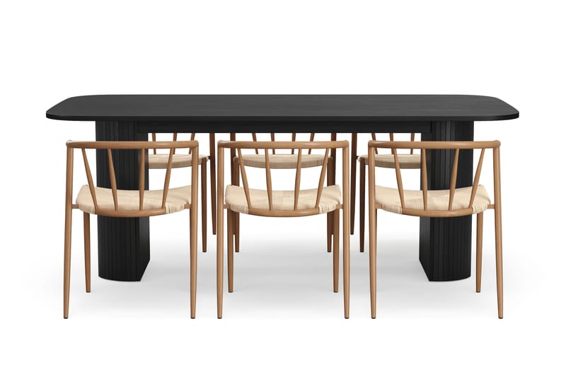 Kopparbo Matbord 200 cm med 6 Winston Matstolar - Svart / Beige / Metallben Ek - Products - Möbler - Bord & matgrupp - Matgrupp