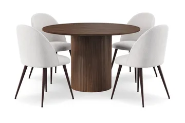 Kopparbo Runt Matbord 120 cm med 4 Nibe Plus Matstolar - Mörkbrun / Vit Bouclé / Metallben Valnöt - Products - Möbler - Bord & matgrupp - Matgrupp