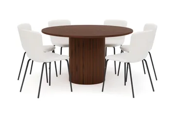 Kopparbo Runt Matbord 150 cm med 4 Katy Matstolar - Valnöt / Vit Bouclé / Metallben Svart - Products - Möbler - Bord & matgrupp - Matgrupp