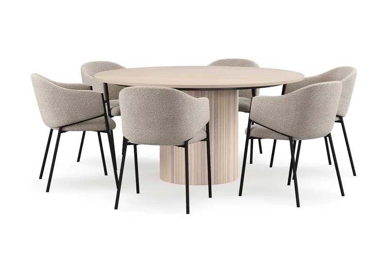 Kopparbo Runt Matbord 150 cm med 6 Filip Matstolar, Vit / Taupe Bouclé
