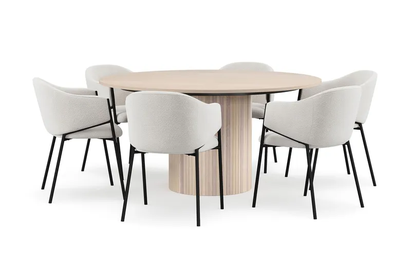 Kopparbo Runt Matbord 150 cm med 6 Filip Matstolar - Vit / Vit Bouclé - Products - Möbler - Bord & matgrupp - Matgrupp