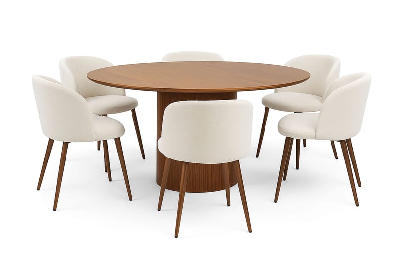 Kopparbo Runt Matbord 150 cm med 6 Greya Matstolar med armstöd, Valnöt / Vit Bouclé / Metallben Valnöt
