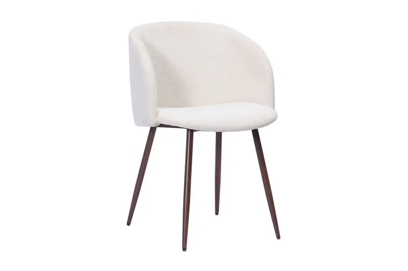 Kopparbo Runt Matbord 150 cm med 6 Greya Matstolar med armstöd - Valnöt / Vit Bouclé / Metallben Valnöt - Products - Möbler - Bord & matgrupp - Matgrupp