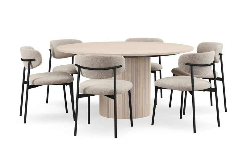 Kopparbo Runt Matbord 150 cm med 6 Lucy Matstolar - Vit / Greige Bouclé / Metallben Svart - Products - Möbler - Bord & matgrupp - Matgrupp