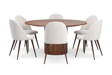 Kopparbo Runt Matbord 150 cm med 6 Nibe Plus Matstolar - Valnöt / Vit Bouclé / Metallben Valnöt - Products - Möbler - Bord & matgrupp - Matgrupp