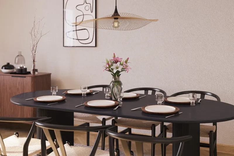 Noira Matgrupp 220 cm Massiv Ek med 6 Dastoori Matstolar - Svart - Products - Möbler - Bord & matgrupp - Matgrupp