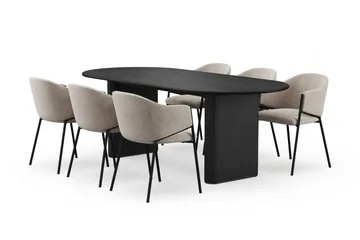 Noira Ovalt Matbord 220 cm med 6 Filip Matstolar, Svart / Taupe Bouclé