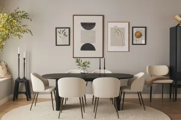 Noira Ovalt Matbord 220 cm med 6 Greya Matstolar med armstöd - Svart / Vit Bouclé / Metallben Valnöt - Products - Möbler - Bord & matgrupp - Matgrupp