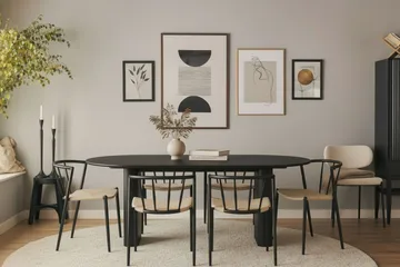 Noira Ovalt Matbord 220 cm med 6 Winston Matstolar - Svart / Beige / Metallben Svart - Products - Möbler - Bord & matgrupp - Matgrupp