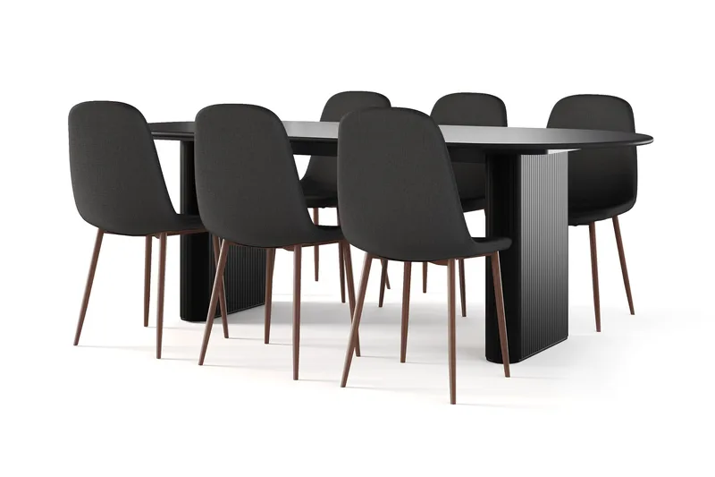 Noira Ovalt Matbord 220 cm Svart +  6 st Nibe stol svart med valnöt ben, Svart