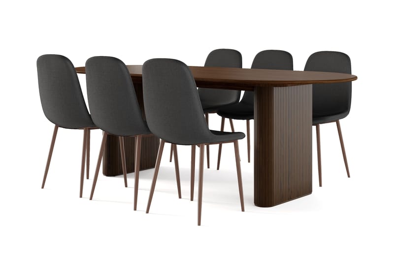 Noira Ovalt Matbord 220 cm Valnöt +  6 st Nibe stol svart med valnöt ben, Brun/Svart