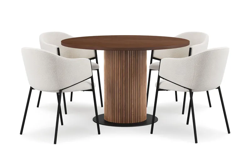 Noira Runt Litet Matbord Massiv Valnöt 120 cm med 4 Filip Matstolar, Brun / Vit Bouclé