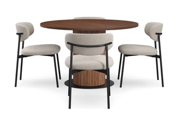 Noira Runt Litet Matbord Massiv Valnöt 120 cm med 4 Lucy Matstolar - Brun / Greige Bouclé / Metallben Svart - Products - Möbler - Bord & matgrupp - Matgrupp