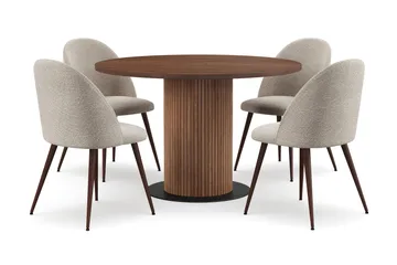 Noira Runt Litet Matbord Massiv Valnöt 120 cm med 4 Nibe Plus Matstolar - Brun / Greige Bouclé / Metallben Valnöt - Products - Möbler - Bord & matgrupp - Matgrupp