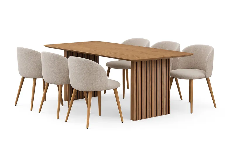 Richeto Matbord 180 cm med 6 Greya Matstolar med armstöd, Naturlig finish / Greige Boucl é / Metallben Ek