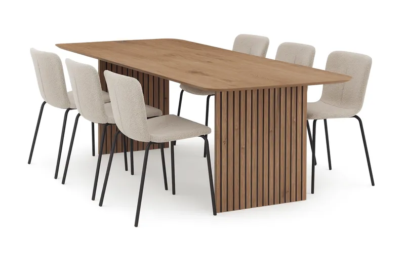 Richeto Matbord 180 cm med 6 Katy Matstolar - Naturlig finish / Greige Bouclé / Metallben Svart - Products - Möbler - Bord & matgrupp - Matgrupp