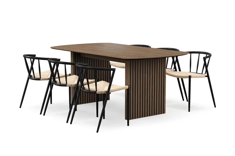 Richeto Matbord 180 cm med 6 Winston Matstolar, Rökt ek / Beige / Metallben Svart
