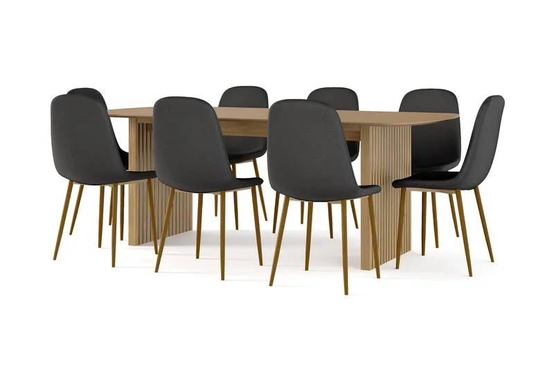 Richeto Matbord 210 cm ek +  8 st Nibe stol svart med ek ben, Natur/Svart