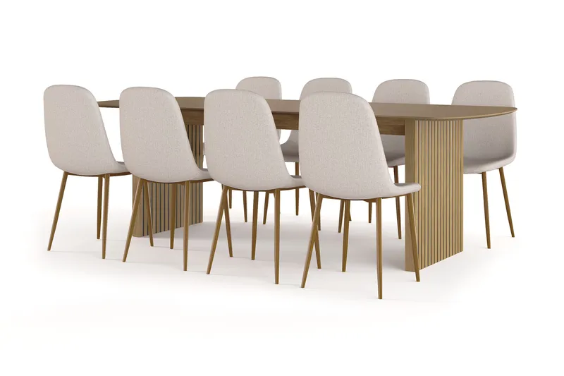 Richeto Matbord 240 cm ek +  8 st Nibe stol beige med ek ben, Natur/Beige