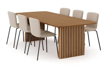 Richeto Matbord 240 cm med 6 Katy Matstolar - Naturlig finish / Greige Bouclé / Metallben Svart - Products - Möbler - Bord & matgrupp - Matgrupp