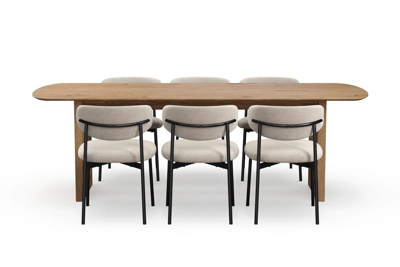 Richeto Matbord 240 cm med 6 Lucy Matstolar - Naturlig finish / Greige Bouclé / Metallben Svart - Products - Möbler - Bord & matgrupp - Matgrupp