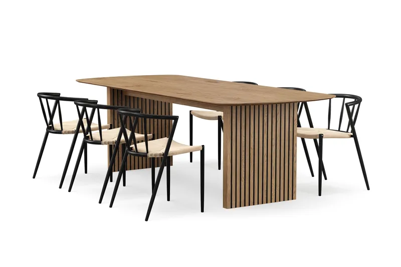 Richeto Matbord 240 cm med 6 Winston Matstolar, Naturlig finish / Beige / Metallben Svart