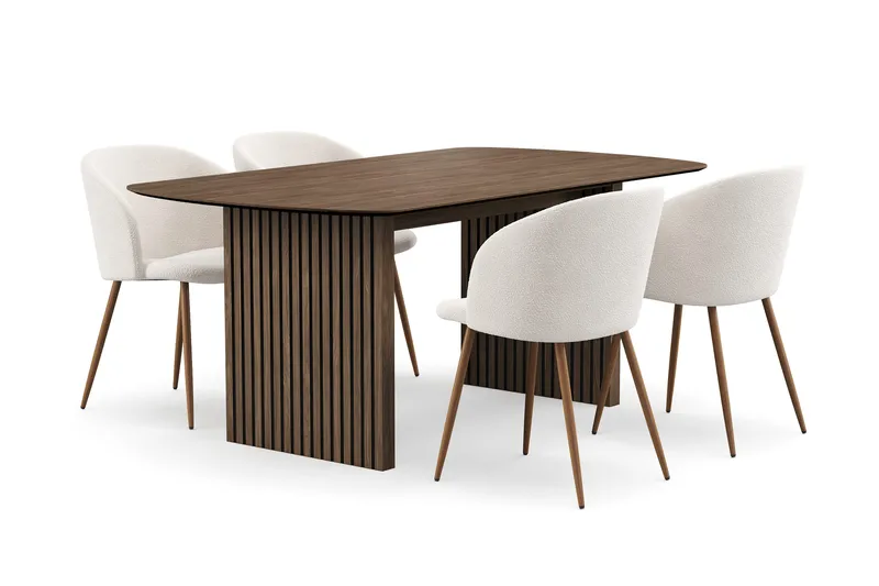 Richeto Matgrupp med 4 Greya Matstolar med Armstöd - Rökt Ek/Vit Bouclé - Products - Möbler - Bord & matgrupp - Matgrupp