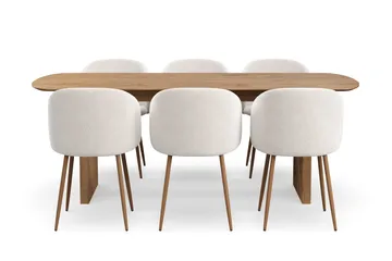 Richeto Matgrupp med 6 Greya Matstolar med Armstöd - Naturlig Finish/Vit Bouclé - Products - Möbler - Bord & matgrupp - Matgrupp